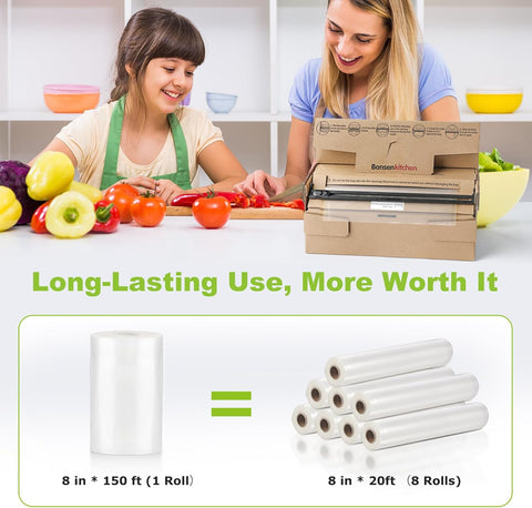 Bonsenkitchen 8” x 150’ Food Vacuum Seal Roll Keeper with Cutter, Vacuum Sealer Bags Rolls for Food Storage, Commercial Grade, BPA Free, Great for Meal Prep and Sous Vide Cooking VB3401
