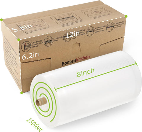 Bonsenkitchen 8” x 150’ Food Vacuum Seal Roll Keeper with Cutter, Vacuum Sealer Bags Rolls for Food Storage, Commercial Grade, BPA Free, Great for Meal Prep and Sous Vide Cooking VB3401