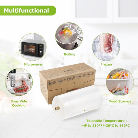 Bonsenkitchen 8” x 150’ Food Vacuum Seal Roll Keeper with Cutter, Vacuum Sealer Bags Rolls for Food Storage, Commercial Grade, BPA Free, Great for Meal Prep and Sous Vide Cooking VB3401