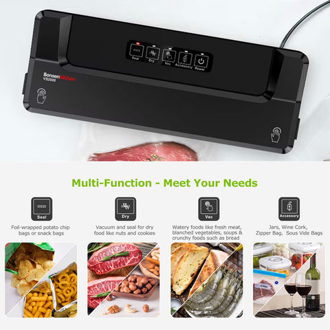 Bonsenkitchen Vacuum Sealer Machine, Fast-Compact Food Sealer, Multi-Functional Food Vacuum Sealer with 20 Vacuum Bags & 2 Roll Bags & Accessory Hose, High-Speed Continuous Working, Silver