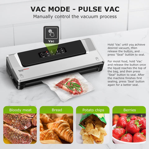 Bonsenkitchen Vacuum Sealer Machine, Fast-Compact Food Sealer, Multi-Functional Food Vacuum Sealer with 20 Vacuum Bags & 2 Roll Bags & Accessory Hose, High-Speed Continuous Working, Silver