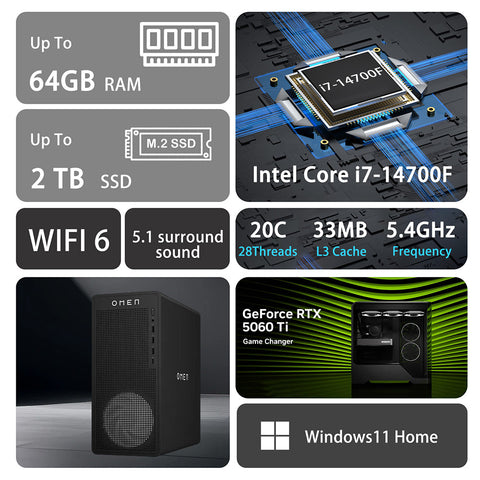 HP Omen 16L Tower Desktop Intel Core i7 8GB RAM NVIDIA GeForce RTX 5060 Ti 512GB SSD Storage Windows 11 Home - Black